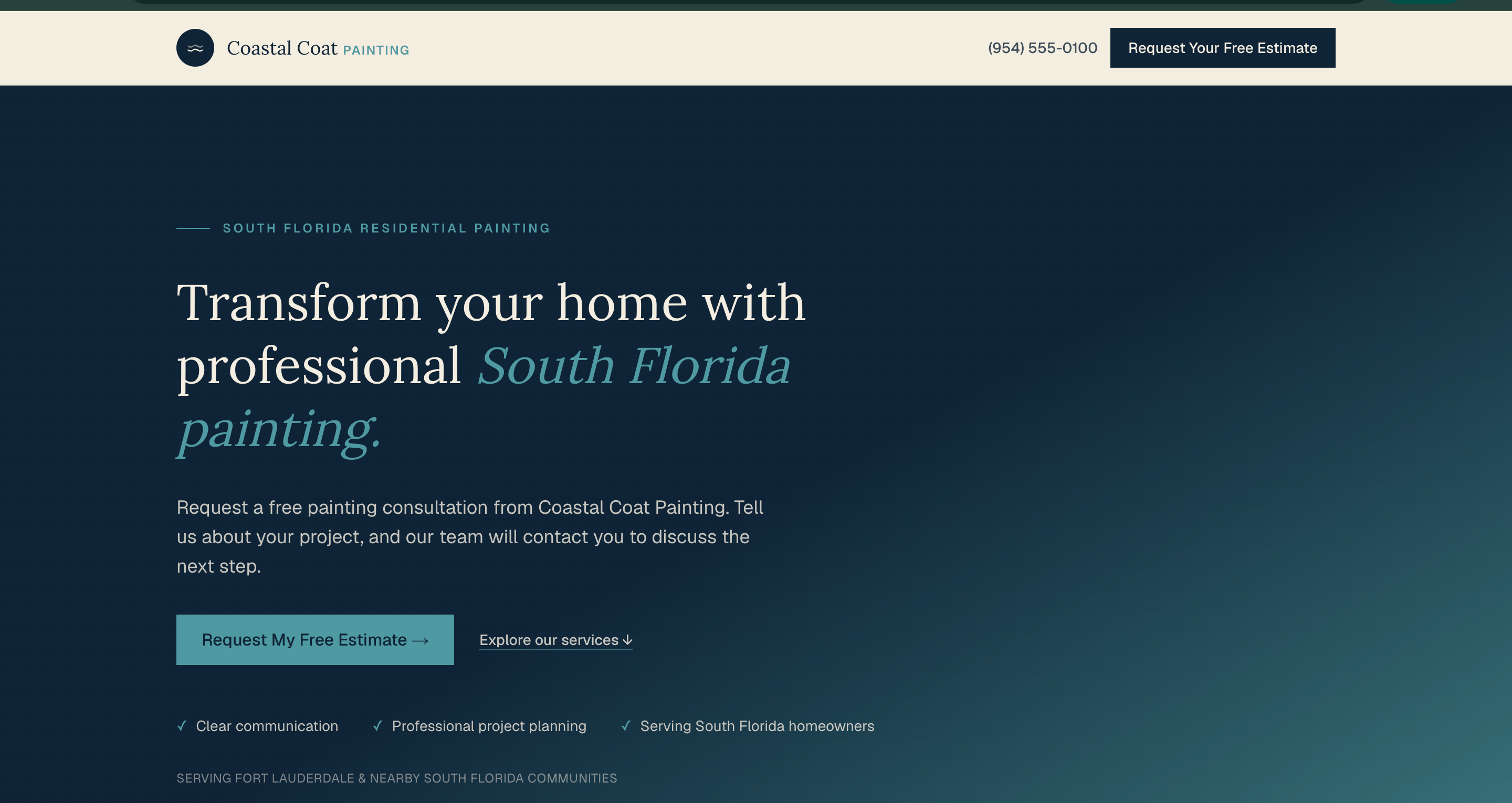 Coastal Coat Painting homepage with a headline, project description, and a Request Your Free Estimate call to action.