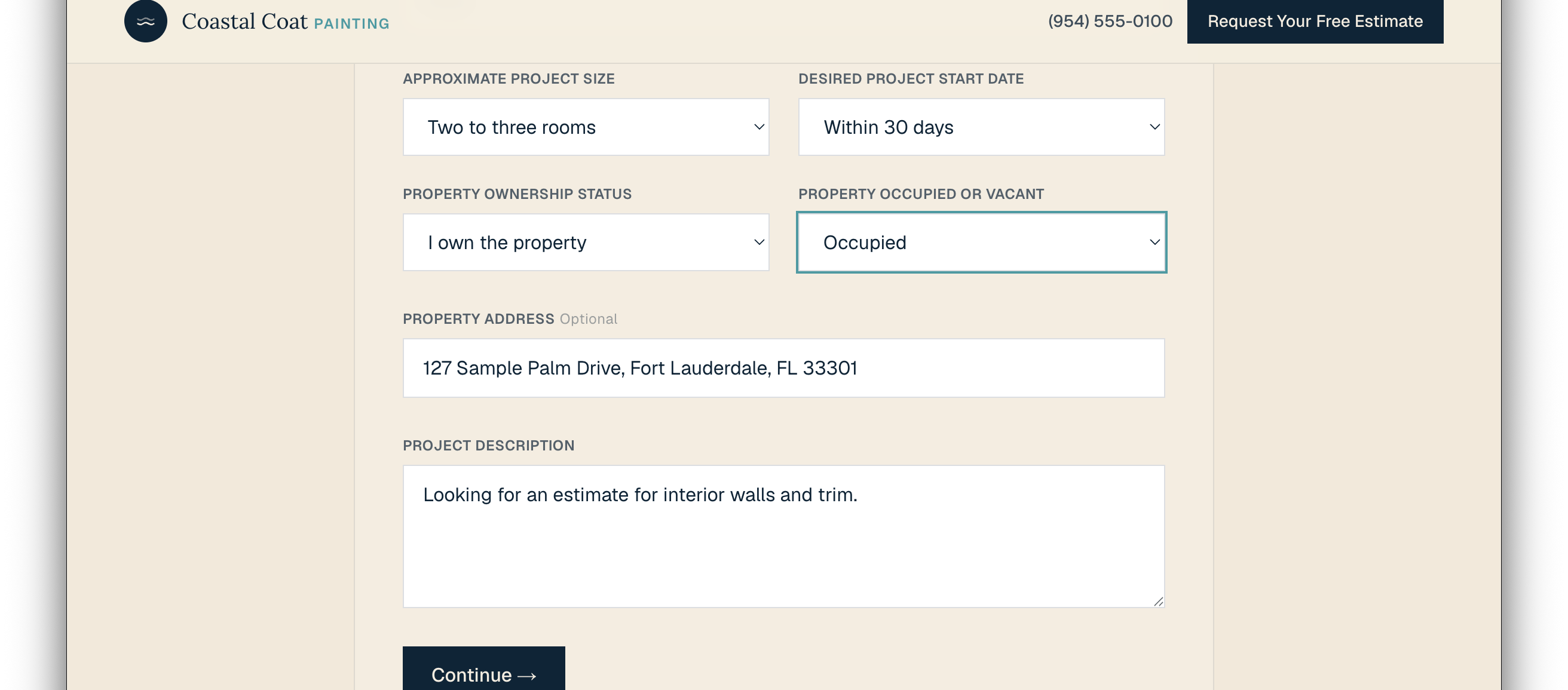 Estimate form showing approximate project size, desired start date, ownership, occupancy, property address, and project description.