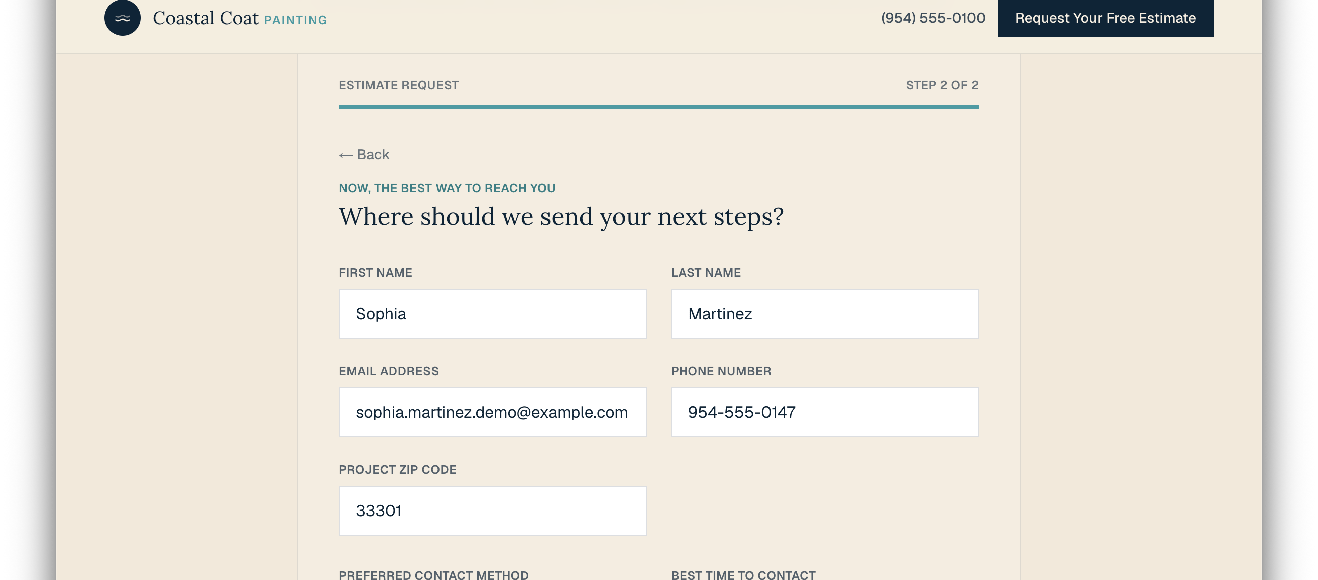 Estimate form showing Sophia Martinez's name, email, phone number, and ZIP code.