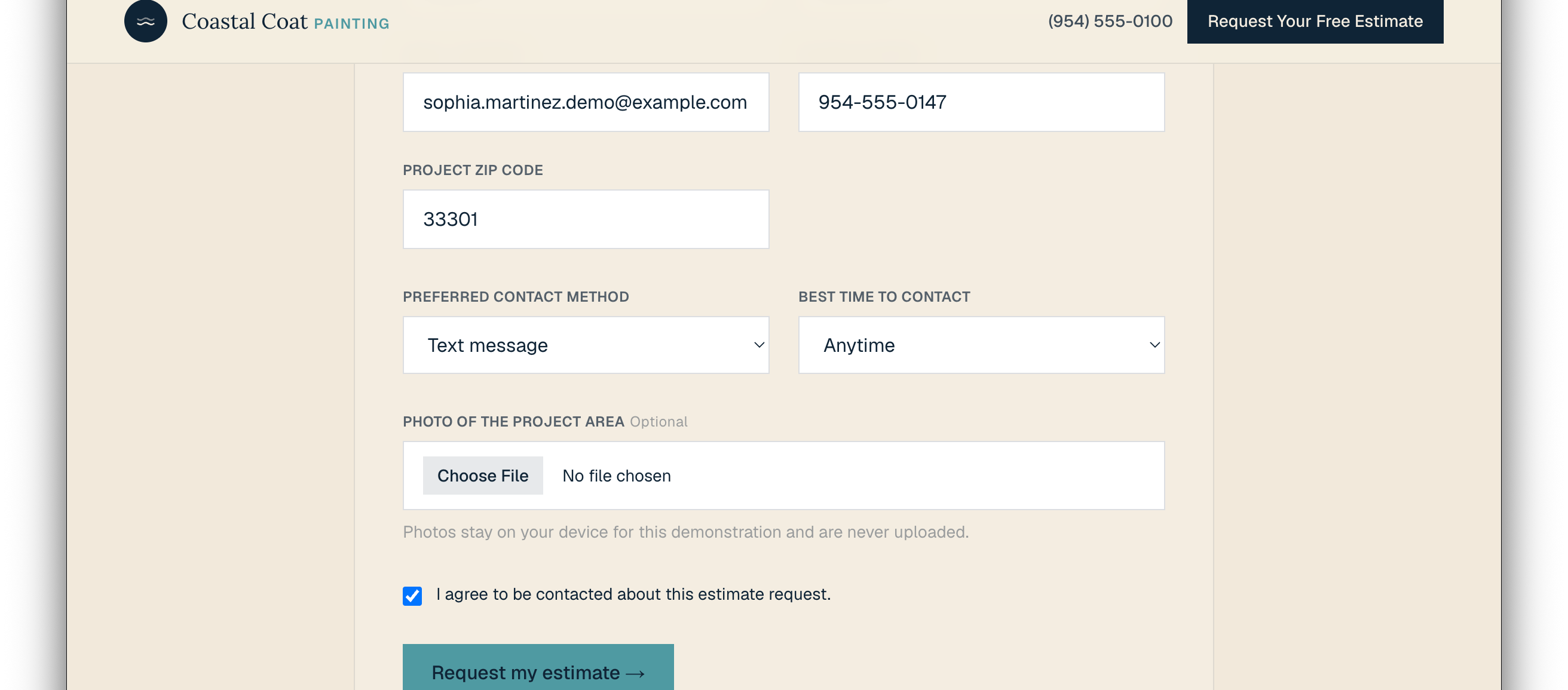 Estimate form showing preferred contact method, best time to contact, a consent checkbox, and the estimate submit button.