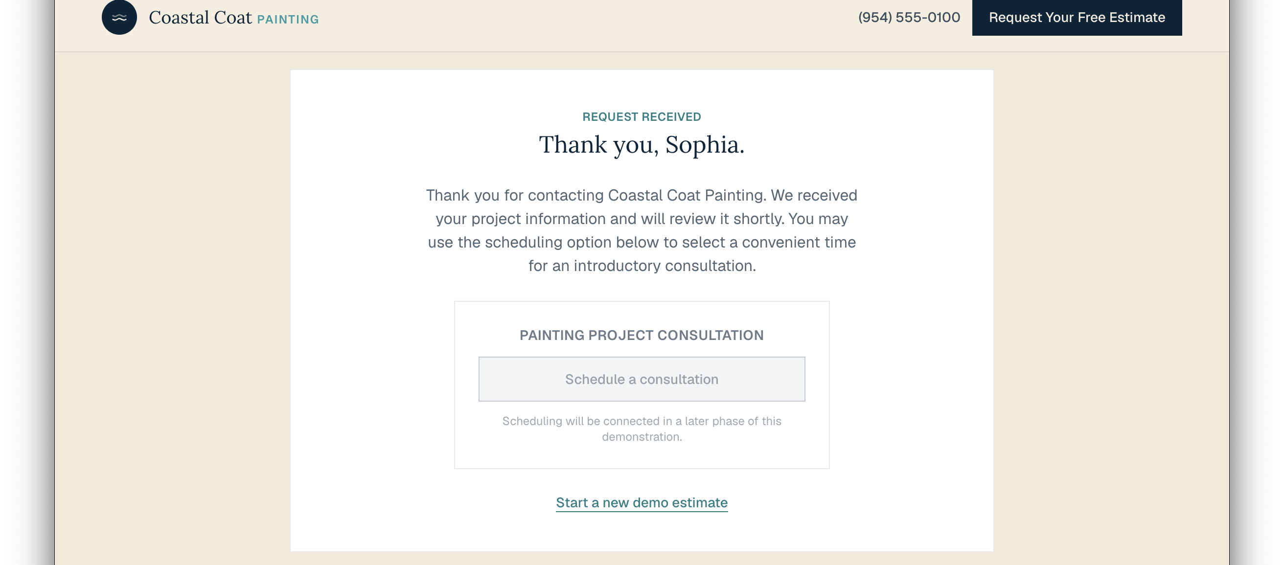 Confirmation screen reading Thank you, Sophia, confirming the estimate request was received.
